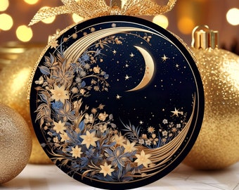 CRESCENT MOON STARS Sky Midnight Blue and Gold Blooms Ceramic Ornament For a Special Person Sky Star Gazer, Celestial Decor, Printed Flat