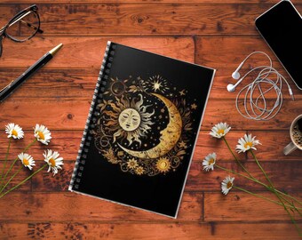 JOURNAL CELESTIAL MOON, carnet de notes, étoiles mystiques, croissant de lune, journal soleil et lune, astrologie, observation des étoiles, cadeau pour fan céleste