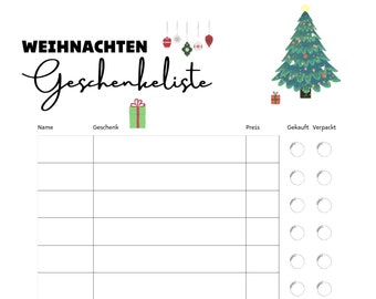Christmas gift list, Christmas planner, German, Printable, PDF to print out yourself