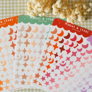 Planche de stickers moons & stars - stickers alphabet pour bujo, journaling, bullet journal, penpal, planner - 77 stickers - 4 couleurs