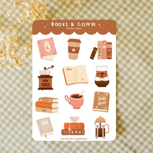 Planche de stickers books & coffee - Stickers décoratifs bujo, stickers journaling, stickers bullet journal, penpal, planner - 12 stickers