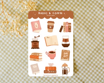 Planche de stickers books & coffee - Stickers décoratifs bujo, stickers journaling, stickers bullet journal, penpal, planner - 12 stickers