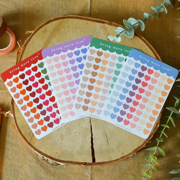 Planche de stickers coeurs - stickers coeurs pour bujo, journaling, bullet journal, penpal, planner - 63 stickers - 4 couleurs