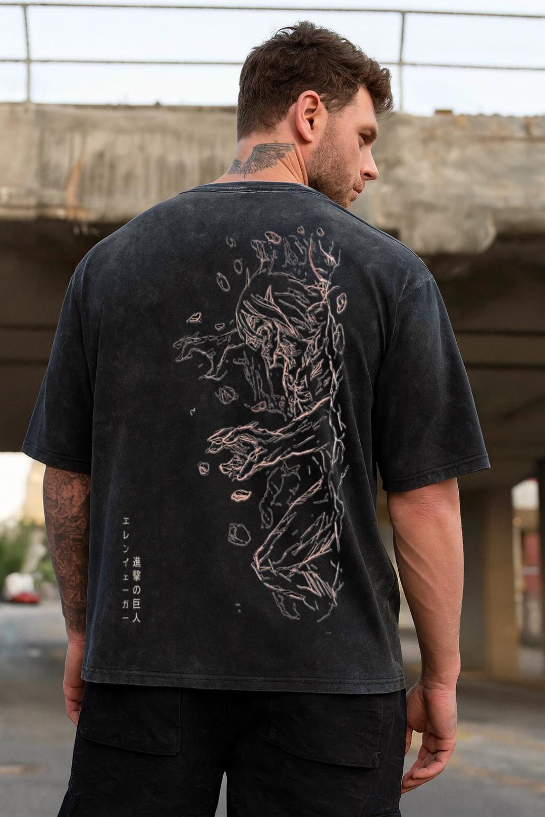進撃の巨人 アニメ オーバーサイズ アシッドウォッシュ Tシャツ エレン