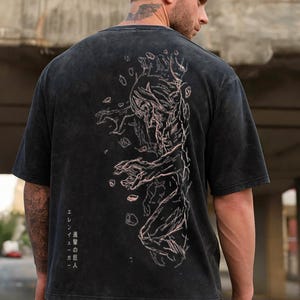 Camiseta extragrande lavada con ácido del anime Ataque a los Titanes, camiseta de Eren Jeager, regalo para él