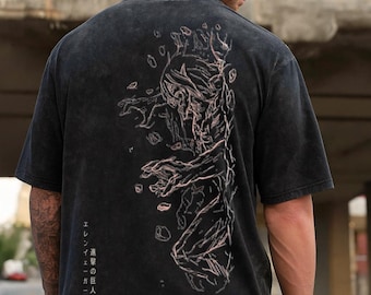 Attack on Titan Anime Oversize Acid Washed T-Shirt Eren Jeager Anime Tee Gift For Him