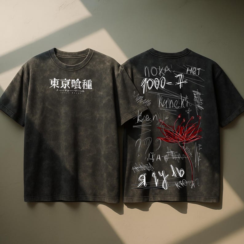 May include: Two charcoal grey t-shirts with short sleeves. One has Japanese text on the front. The other features a red flower illustration and handwritten text in multiple languages on the back. The shirts have a vintage, distressed appearance.