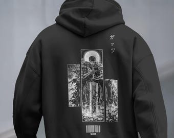 Berserk Anime Hoodie, Guts Print, Snow Washed Baumwolle