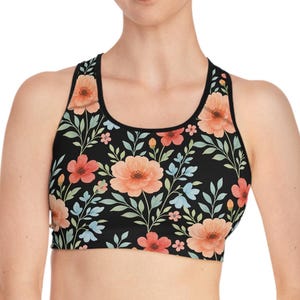 Black Floral Sports Bra for Yoga, Fitness, and Everyday Wear - Perfect Gift for Her, Workout Top, Activewear, Exercise Clothing