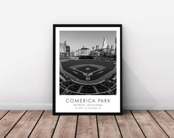 Detroit Tigers MLB | Comerica Park | 18 x 24 inches | Black and White | Poster