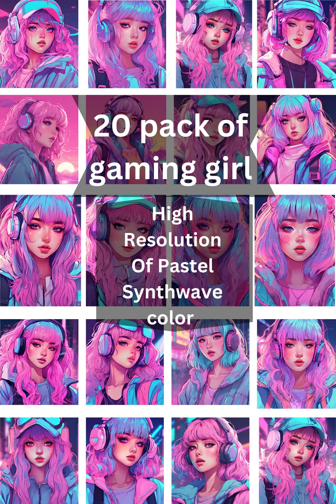 20 Pack Of Pastel Synthwave Gamer Girl Ai Printable Home Decor Etsy