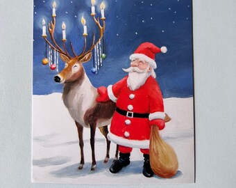 Santa and Deer with Festive Holiday Lights Postcard by Gerhard Gluck