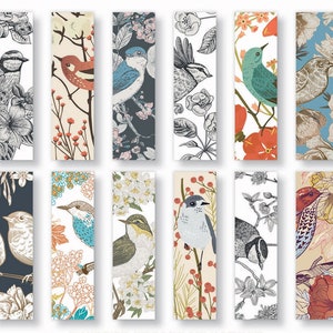 May include: A collection of twelve rectangular bookmarks featuring various bird illustrations. The designs include detailed drawings of birds perched on branches with flowers and foliage, in a mix of color and black and white.