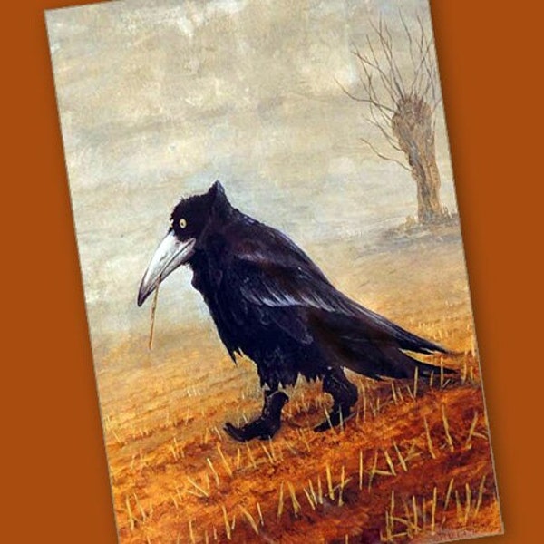 Rudi Hurzlmeier Crow in Field Notecard or Postcard, Rook in Field, Crow