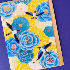 Swallows and Blue Flowers Notecard, All Occasion Card, Blank Notecard, Greeting Card