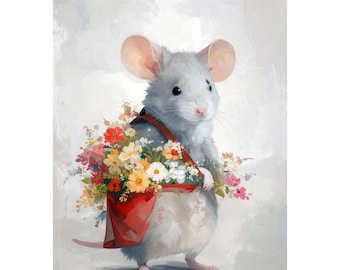 Mouse with Bouquet Notecard, All Purpose Greeting Card