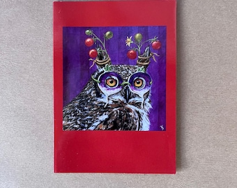 Whimsical Owl Notecard: Vicki Sawyer Bird Art, Berry Hat, Turnip Glasses