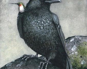 Ravens and Hummingbird Notecard, All Purpose Greeting Card, Bird Art