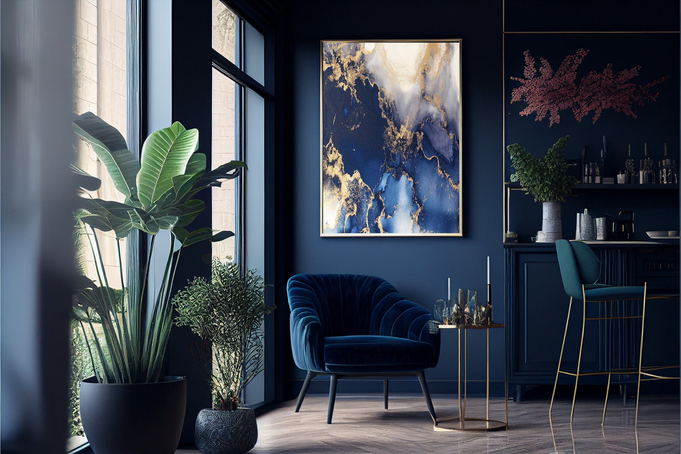 Extra Large Gold Blue Living Room Wall Art Canvas Customizable Living