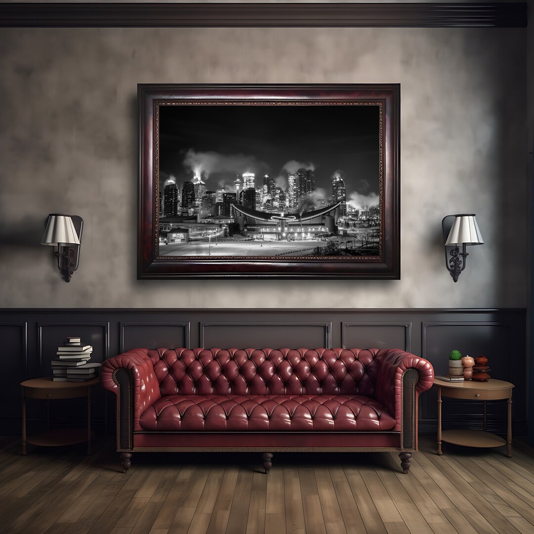 Black White Flames Saddledome Wall Art Calgary Gift for Him Flames Art