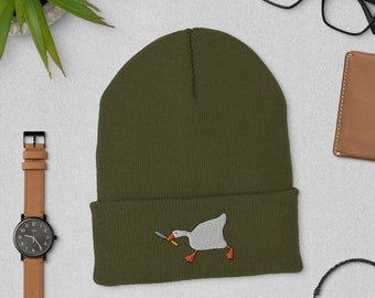 Duck with Knife Embroidered Beanie, Murder Duck, Untitled Duck Game, Duck with Knife Meme Beanie, Duck With Knife Beanie - Unisex Beanie