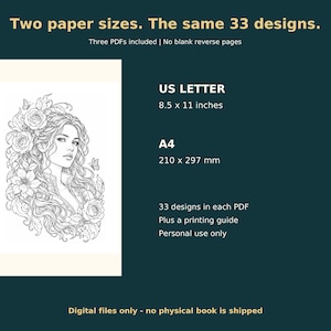 Puede incluir: Un conjunto de páginas para colorear digitales con 33 diseños en tamaños US Letter 8.5 x 11 pulgadas y A4 210 x 297 mm. La imagen muestra una ilustración en blanco y negro de una persona con cabello largo y ondulado rodeada de rosas y mariposas.