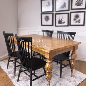 Dollhouse Dining Table, Modern Turned Leg Design or Black Chairs 1:12 Scale