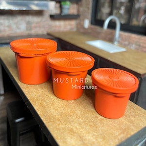 Set of 3 Orange Dollhouse Miniature Food Storage Containers with lids, Vintage Miniature food bowls, Dollhouse Canisters