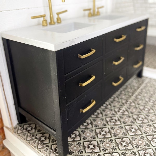1:12 Scale Dollhouse Miniature Black Double Bathroom Vanity, Modern Miniatures