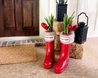 1:12 Scale Dollhouse Holiday Designer Boots, Miniature Shoes, Dollhouse Red boots, Holiday Berries