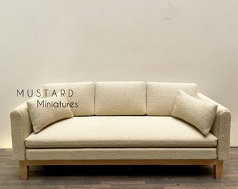 1:12 Scale Miniature Beige Brown Sofa with pillows, Modern Dollhouse Couch