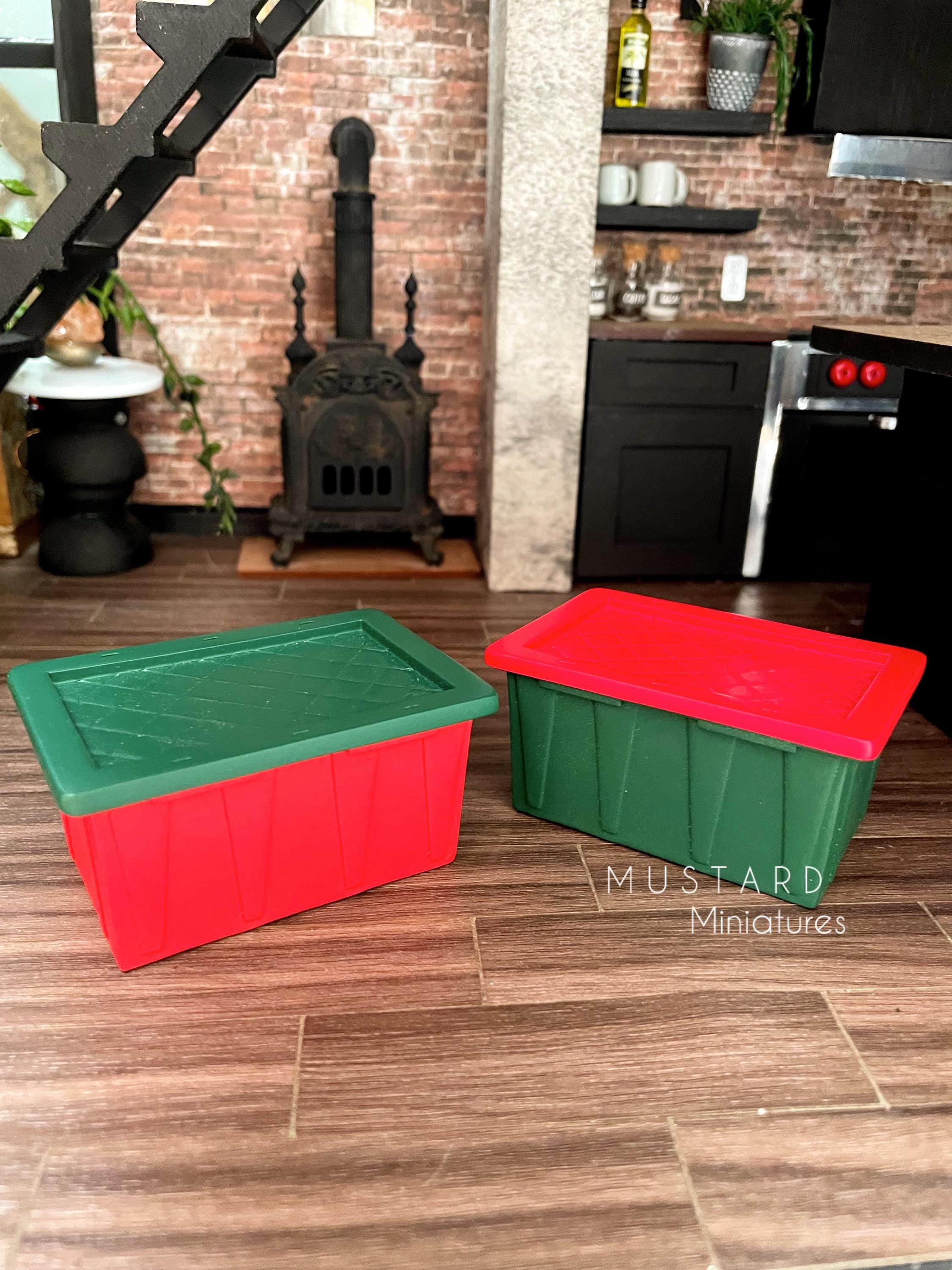 1:12 Scale Dollhouse Miniature Storage Bin, Miniature Red Green Bin, Dollhouse Containers. Dollhouse storage tote