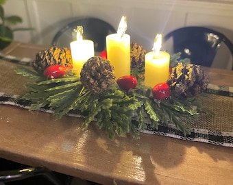Dollhouse Christmas Table Centerpiece with Lights, Miniature Candles