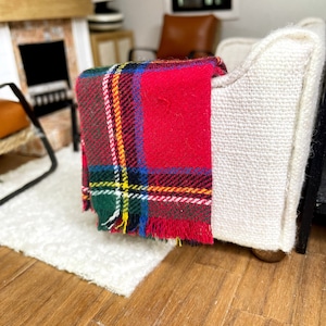 Dollhouse Modern Miniature Throw Blanket, 1:12 scale, White Red Flannel Plaid, Accent Decor, Christmas blanket