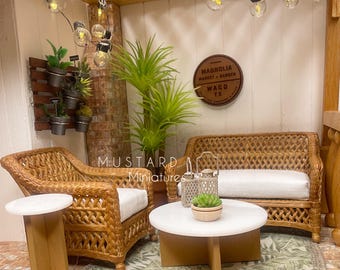 1:12 Scale Dollhouse 3D Wicker Patio Furniture or Tables, Brown Beige