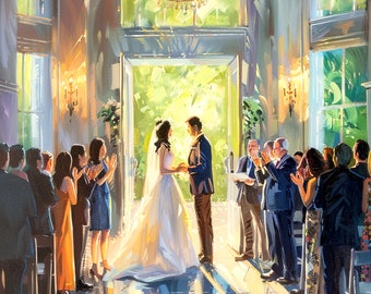 May include: A wedding ceremony taking place in a large, bright room with a chandelier hanging from the ceiling. The bride and groom are standing at the altar, exchanging vows, while guests watch and clap. The room is decorated with flowers and greenery.