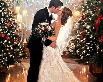 Puede incluir: Pintura al óleo de una romántica escena de boda. Una pareja se abraza y se besa, la novia con un vestido de encaje blanco y velo, el novio con un traje negro. Los árboles de Navidad con luces y lazos rojos los flanquean, con más luces arriba, creando un ambiente cálido y festivo.