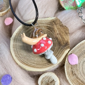 Snail on a mushroom handmade dangle necklace/ Slimy snail funghi statement jewellery/ Toadstool / Fly amanita/ flytrap / unique weird gift