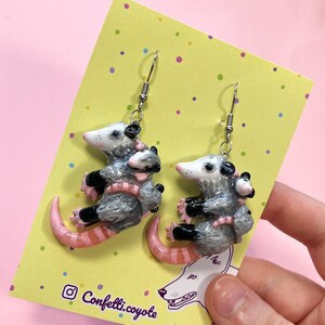 3D Possum mama handmade dangle earrings/ Baby opossum statement jewellery/ Quirky weird meme/ Funny Preschool teacher gift