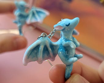 Blue dragon statement earrings, Handmade fantasy jewelry, Cute 3D mythical creature, fairycore, dragoncore, book lover gift, fantasycore