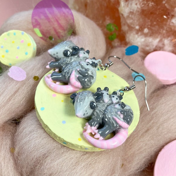 Opossum mama handmade dangle earrings/ Baby possums statement jewellery/ Quirky weird meme/ Funny gift animal lover /Preschool teacher gift