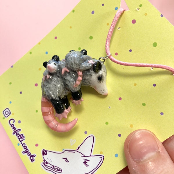 Opossum mama handmade necklace 3D, Baby possum pendant, Meme animal, Gift for preschool teacher, Funny statement polymer clay jewellery