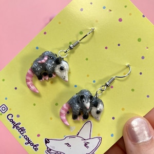 Dainty possum mama dangle earrings, Baby opossum statement handmade jewellery, Quirky weird meme, Funny gift , delicate lightweight