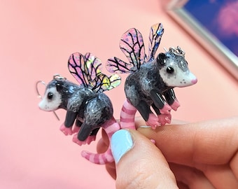 Fairy possum earrings, handmade dangle, opossum statement jewellery, Quirky weird unique, fae fairycore, magical, holographic iridescent