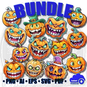 Pumpkin Monster Clipart Bundle for Halloween - Instant Download ai, eps, svg, pdf, png  - Tumblers, Shirts, Vector, and Sublimation!