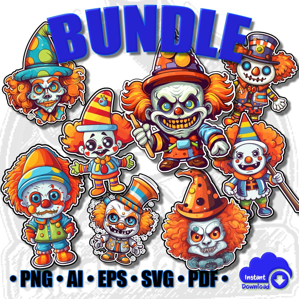 Halloween Clown Clipart SVG, Creepy Clown Bundle PDF, Halloween