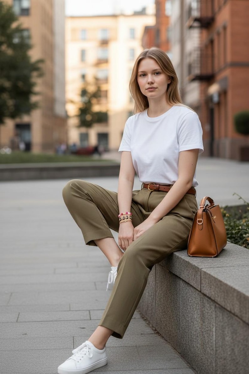 May include: A woman wearing a white t-shirt, olive green pants, and white sneakers. She is also wearing a brown belt and a bracelet. A brown leather handbag sits beside her. The background features a city street with buildings.