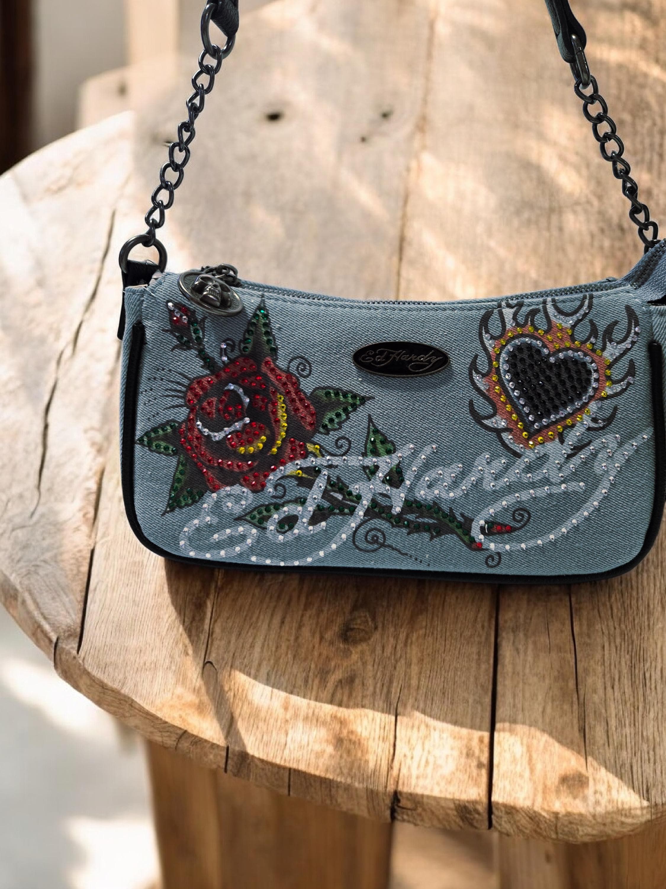 NEW Ed Hardy Denim Shoulder Bag With Chain Strap Rhinestone Tattoo