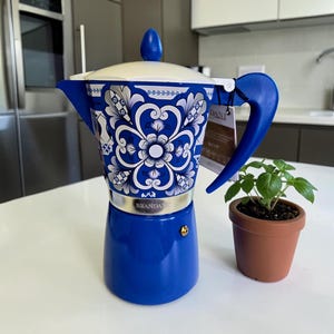 NEW Brandani 9 Cup Italian Coffee Maker Aluminum Moka Pot Sicilian Pattern Blue & White New with Tags