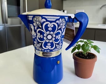 Cafetera italiana Brandani NUEVA de 9 tazas, de aluminio, modelo Moka, azul y blanco. Nueva con etiquetas.